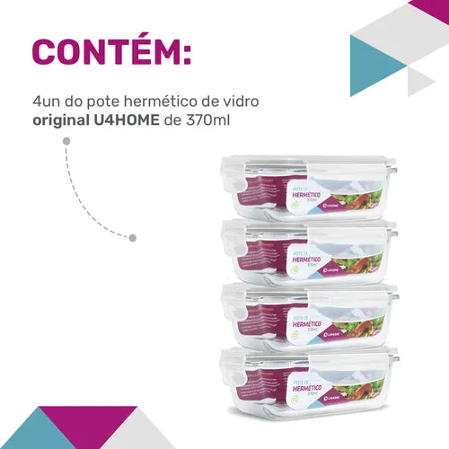Conjunto 4 Potes Vidro Herméticos Tampa Plástico 370ml Cor Branco Papinha Nenem Retangular Freezer