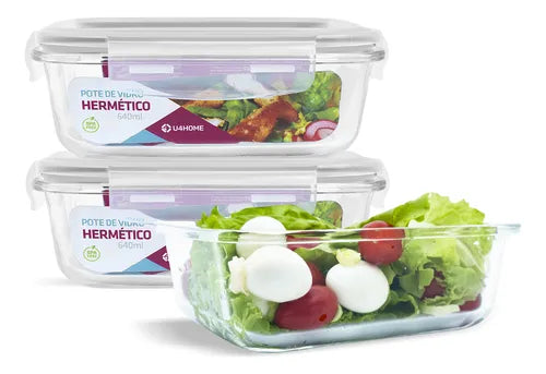 U4home Conjunto 3 Pote Vidro Hermético Marmita Tampa Plástico 640ml Cor Branco