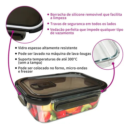 Conjunto 10 Potes 1040ml+370ml Vidro Hermético 4 Travas