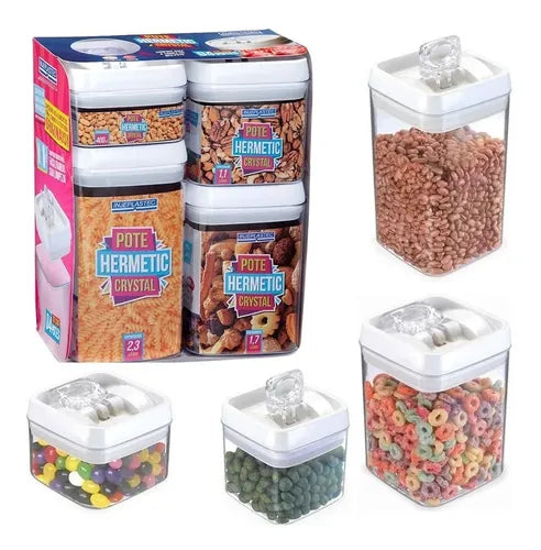 Kit 4 Potes Herméticos Acrílico Quadrado Com Tampa Preta Cor Transparente