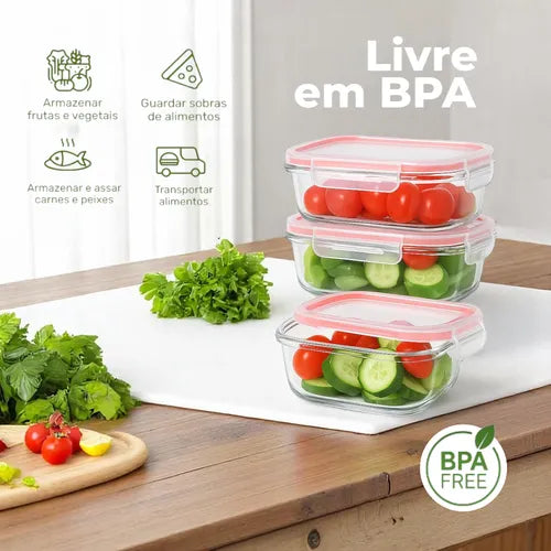Pote Vidro Hermético Retangular Marmita 370ml Kit 6 Peças