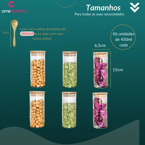 Pote Hermético Vidro Pote De Vidro Com Tampa De Bambu - 6uni