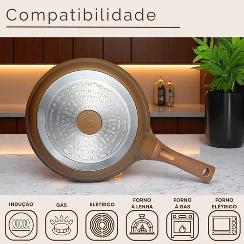 Frigideira Antiaderente Cerâmica 24cm Com Tampa Compatível Com Fogão A Gás E Indução Aristus - Dourado-preto