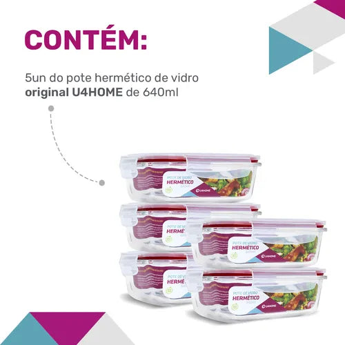 Conjunto 5 Pote Vidro Hermética Quentinha Marmita 640ml