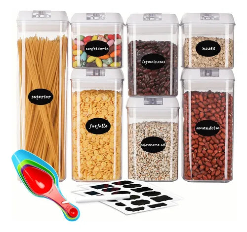 Kit 7 Potes Mantimentos Herméticos Com Branco Tampa
