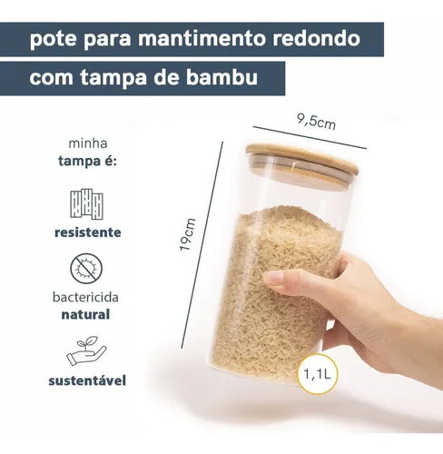 Pote De Vidro De Mantimentos 1100ml C/ Tampa De Bambu Oikos Coz01785
