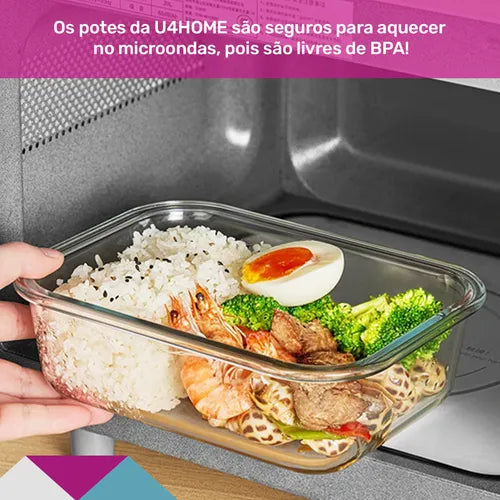U4home Conjunto 3 Pote Vidro Hermético Marmita Tampa Plástico 640ml Cor Branco