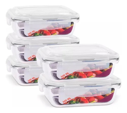 Kit 05 Marmita Pote Vidro Hermético Vidro Tampa Trava 340ml
