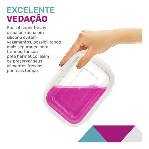 Quentinha Silicone Conjunto 4 Potes Vidro Hermético Marmita Mantimentos 640ml Cor Branco
