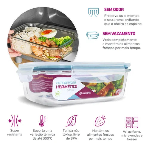 Conjunto 6 Pote Vidro Hermético Marmita Tampa Plástico 640ml U4HOME