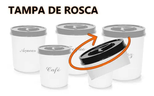 Kit Porta Mantimentos 5 Potes Redondo Porta Arroz Feijão Cor Preto