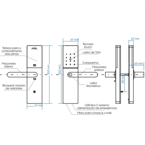 Fechadura Digital AGL H30 Silver Prata Wifi Eletronica Com Aplicativo e Biometria
