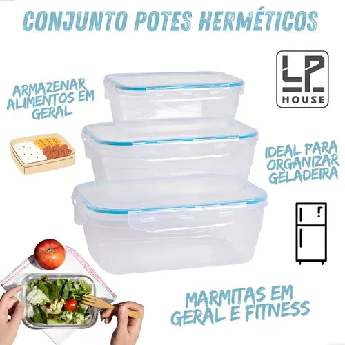 Jogo 3 Potes Transparente Vedação Tampa Hermética Marmitas