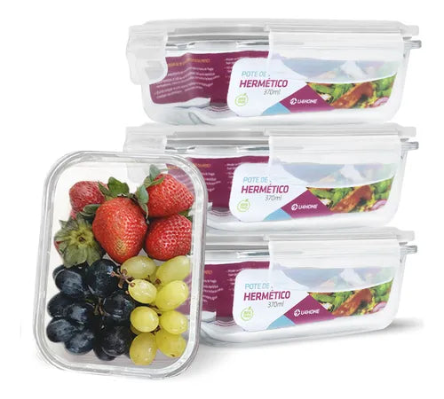 Conjunto 4 Potes Vidro Herméticos Tampa Plástico 370ml Cor Branco Papinha Nenem Retangular Freezer