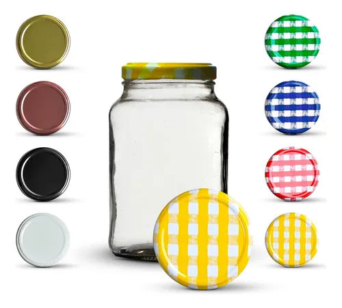 15 Potes De Vidro Conserva 600ml + Tampas Metálicas E Lacres Cor Amarelo Xadrez