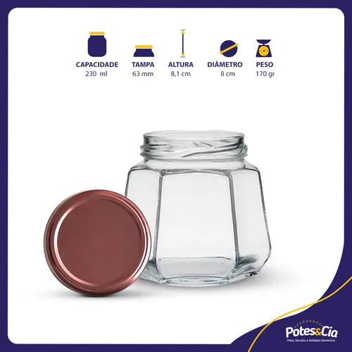 24 Potes De Vidro Sextavado 230ml Com Tampa Metálica E Lacre Cor Rosê Gold
