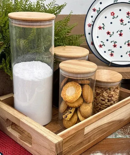 Kit 4 Potes De Vidro Hermetico Tampa De Bambu 1450 Ml