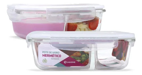 Kit 2 Potes Vidro Divisória Hermético Marmita 1040ml Cor Branco