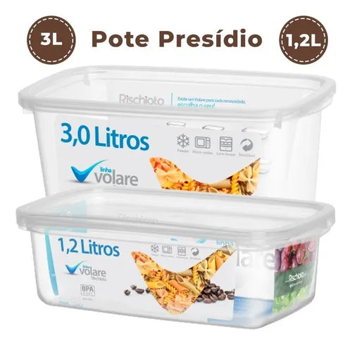 Kit 2 Potes Transparentes Volare 1,2l E 3l Medidas Presídio Cor Transparente