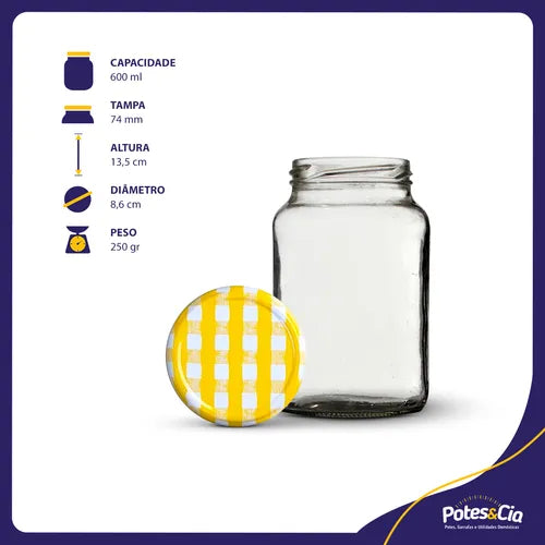 15 Potes De Vidro Conserva 600ml + Tampas Metálicas E Lacres Cor Amarelo Xadrez