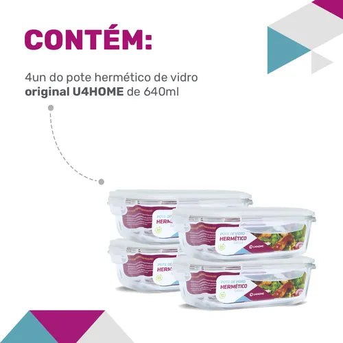 Quentinha Silicone Conjunto 4 Potes Vidro Hermético Marmita Mantimentos 640ml Cor Branco
