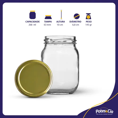 12 Potes Conserva 268ml Com Tampa Metálica E Lacre Cor Dourado
