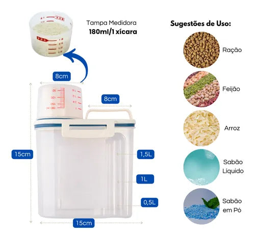 Pote C/ Medidor 1.5 L Cereal Ração Grãos Hermético Dispenser