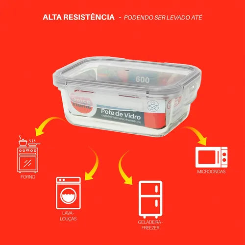 Conjunto C/4 Potes De Vidro Hermético Marmita 600ml C/ Trava Cor Vermelho