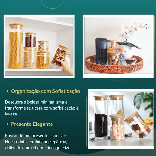Potes De Vidro Com Tampa De Bambu Pote Hermético Bambu 9unid