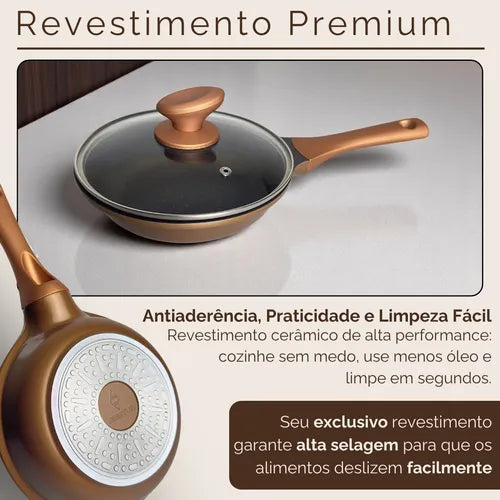 Frigideira Cerâmica Antiaderente Cooktop Indução/gás C/tampa Cor DOURADA-PRETO