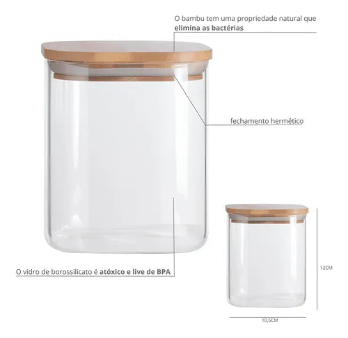 3 Potes Vidro Tampa Bambu 800ml Hermético Brav Quadrado Kit