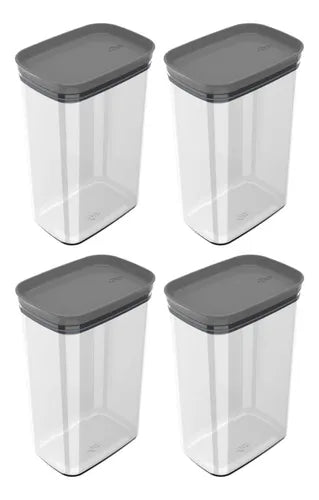 Conjunto De 4 Potes Hermético Retangular Block Cinza 2,3l Ou Cinza