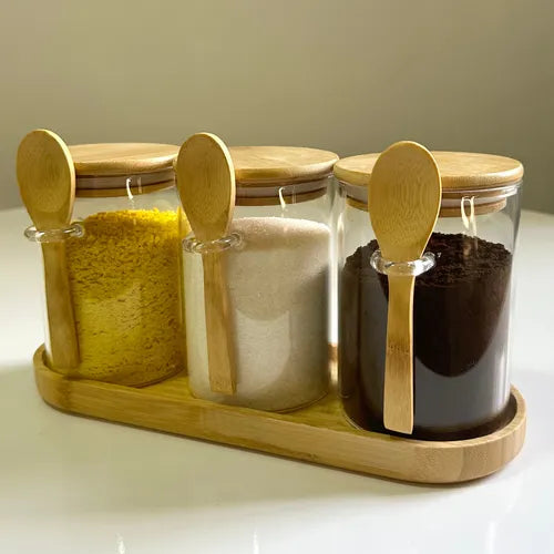 Conjunto Potes De Vidro Lumai 550ml Tampa Colher Com Bandeja Cor Transparente Organização Cozinha Porta Mantimentos Café Nescau Açucar Temperos