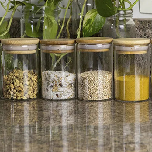 Kit 4 Potes Herméticos De 500 Ml Com Tampa De Bambu Condimentos Organizadora