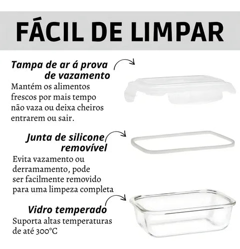 Kit 4 Potes De Vidro Hermético 370ml Tampa Com Trava Fitness Cor Branco