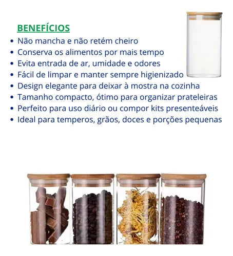 Pote Vidro 300ml Hermetico Tampa Bambu Premium Graos Cereais