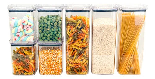 Kit 7 Potes Herméticos Mantimentos Quadrado Cozinha Tampa Hermética Amobox