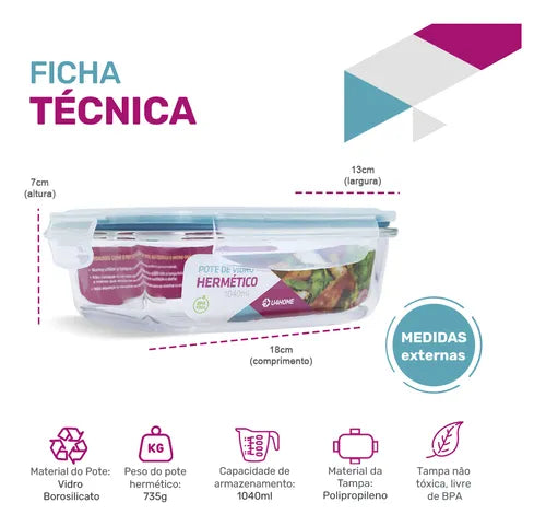 Kit 3 Potes Vidro 1040ml Marmita Hermetico Cor Azul cl U4home