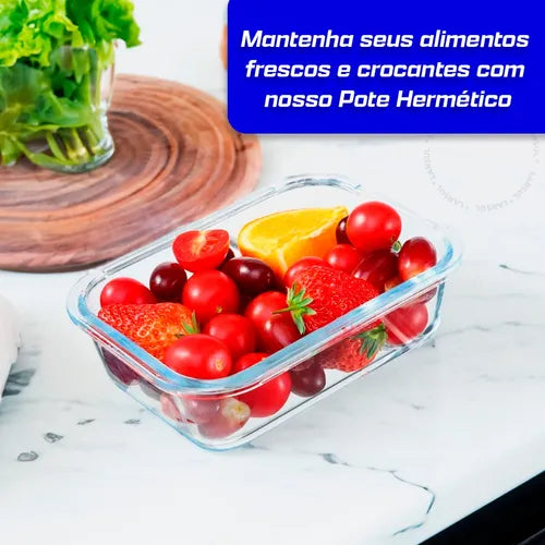 Conjunto 3 Potes Vidro Hermético Marmita 4 Travas 370ml