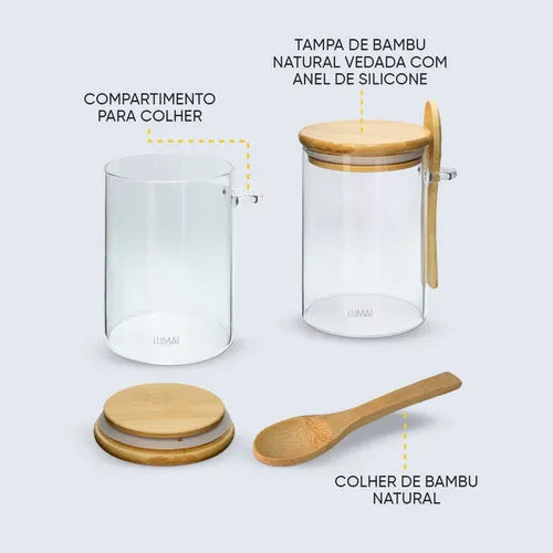 Kit 2 Potes Herméticos de Vidro 550ml com Tampa Bambu e Colher Para Café Açúcar Sal Arroz Temperos Porta Mantimentos Condimentos Alimentos Secos Organizadores Cozinha Casa com Bandeja