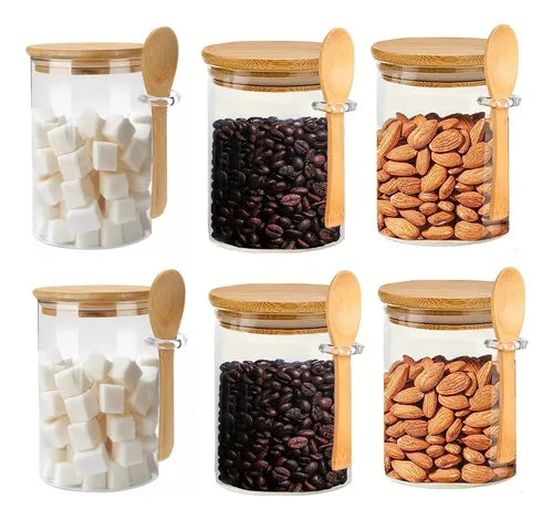 6 Potes De Vidro Redondo Tampa Bambu Hermético Colher 550ml