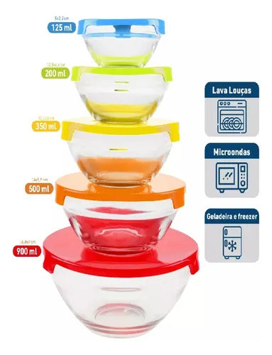 Jogo 5 Potes Tigelas Vidro Tampas Plásticas Coloridas- Dolce Home