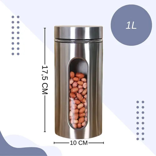 Kit 3 Potes Hermético Mantimentos Aço Inox 1l Visor Vedação