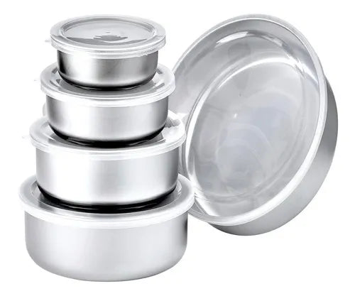 Jogo 5 Pote Tigela Inox Alumínio Com Tampa Hermético Redondo