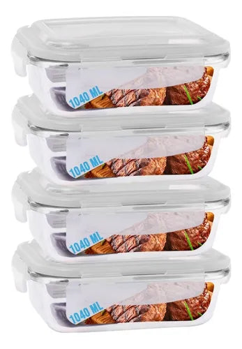 Pote De Vidro 1040ml Vai Ao Forno, Microondas Com Tampa 4un