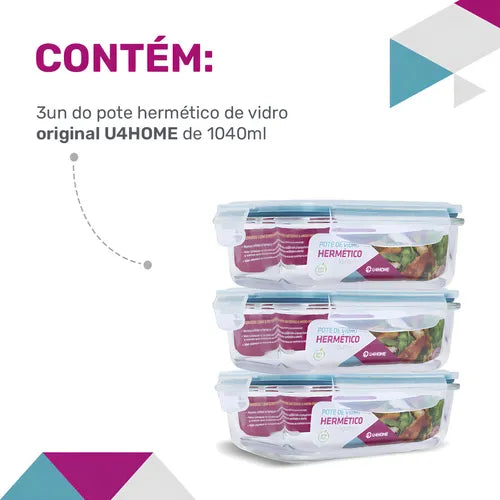 Kit 3 Potes Vidro 1040ml Marmita Hermetico Cor Azul cl U4home