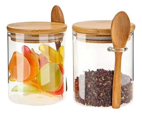 Kit 2 Potes Hermetico Vidro Tampa Madeira Bambu Temperos