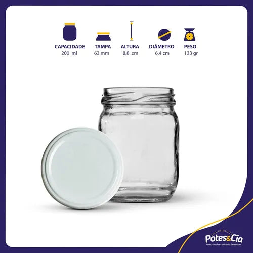 12 Potes De Vidro 200ml Com Tampas Metálicas E Lacres Cor Branco