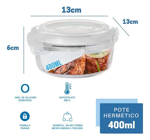 Pote Vidro 400ml Hermético Mantimentos Tampa 4 Travas