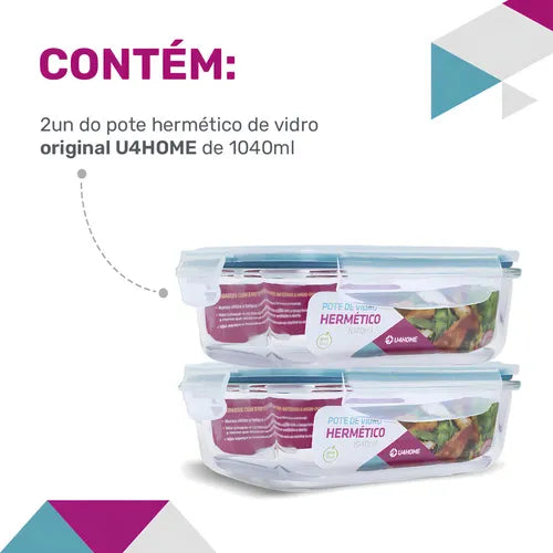 Conjunto 2 Pote de Vidro Retangular Tampa Hermética Marmita 1040ml Cor Azul